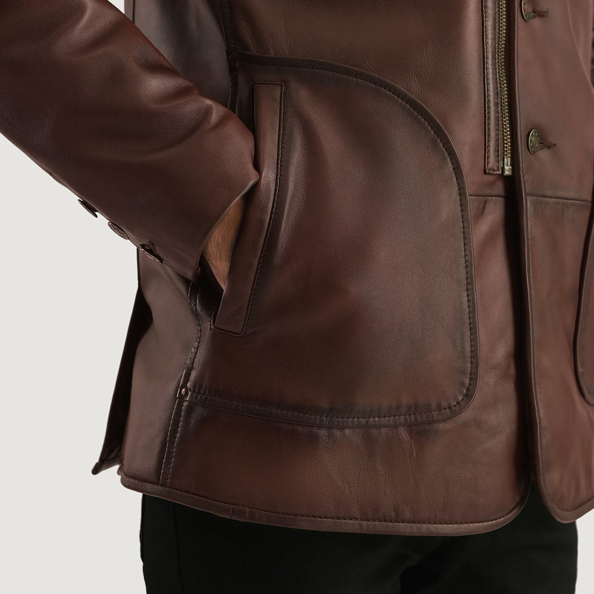 
Men's Rocky Brown Fur Leather Coat - Lateral Side Profile View Showing Sleeve Cut & Athletic Taper Fit