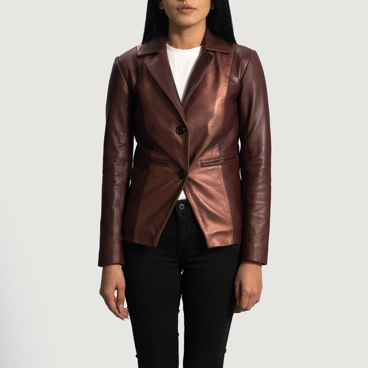 
Women's Ruby Metallic Maroon Leather Blazer in Maroon Sheepskin Leather - Front Profile View & Tailored Silhouette | Buy Online