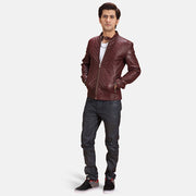 
Rumano Jae Maroon Leather Biker Jacket - Lateral Side Profile View Showing Sleeve Cut & Athletic Taper Fit