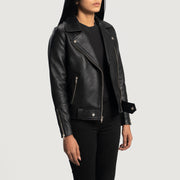 
Styled Fit Perspective of Women's Rumy Maroon Leather Biker Jacket on Model - Natural Daylight Drape