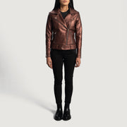 
Close-Up Detail of Notch & Zipper Hardware on Women's Rumy Maroon Leather Biker Jacket