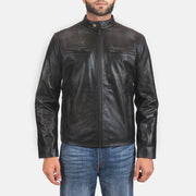 
Rustic Black Leather Biker Jacket in Distressed Black Cowhide Leather - Front Profile View & Tailored Silhouette | Buy Online
