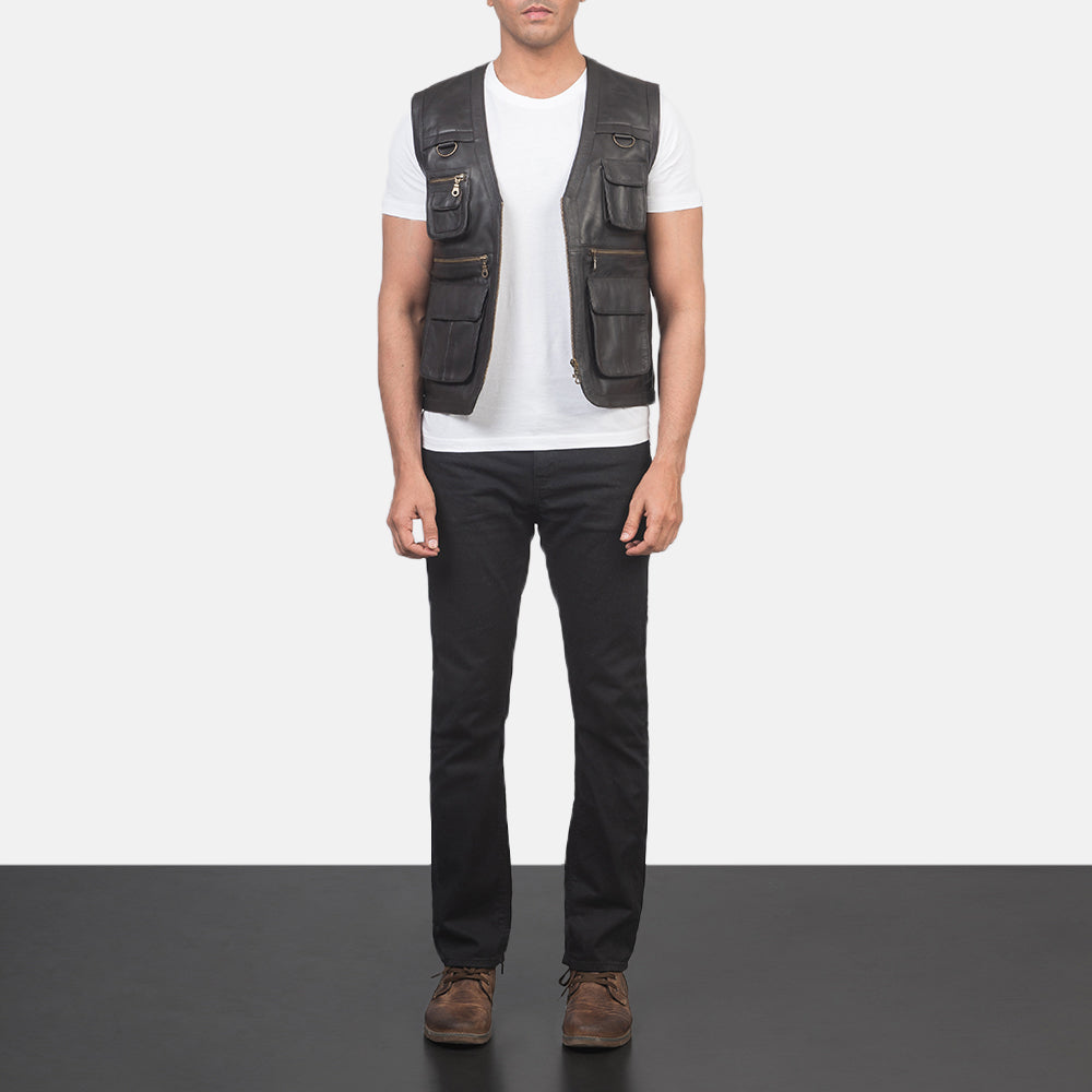 
Men's Safari Brown Leather Vest - Lateral Side Profile View Showing Sleeve Cut & Athletic Taper Fit