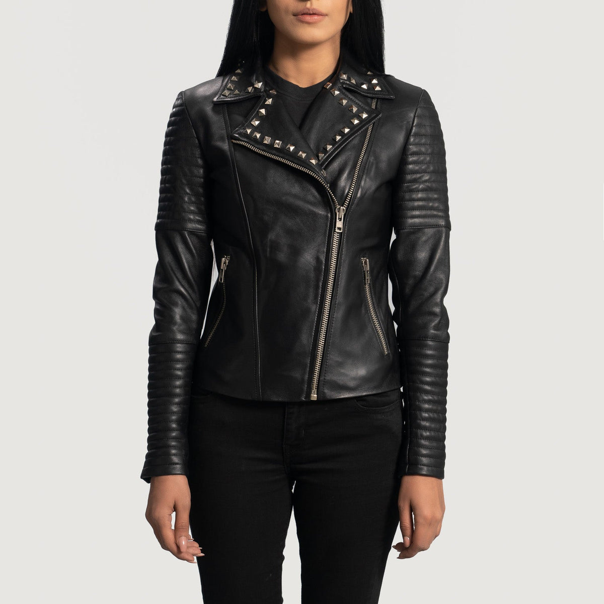 
Women's Sally Mae Studded Black Leather Biker Jacket in Black Sheepskin Leather - Front Profile View & Tailored Silhouette | Buy Online