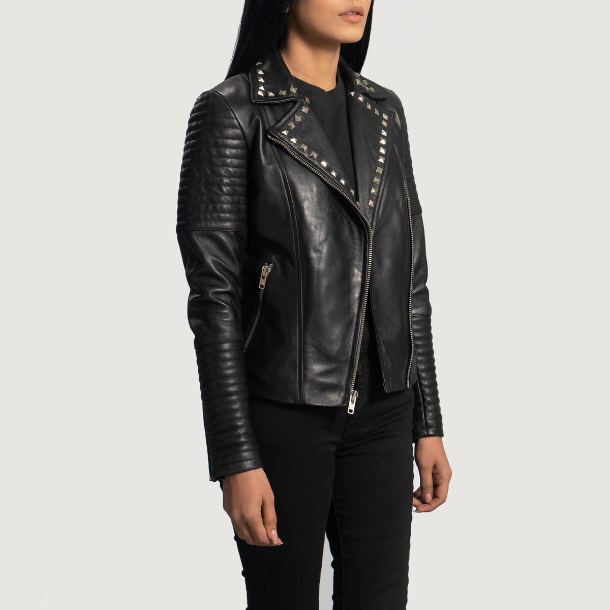 
Black Sheepskin Leather Biker Jacket - Back View Showing Tailored Shoulder Fit & Clean Hemline