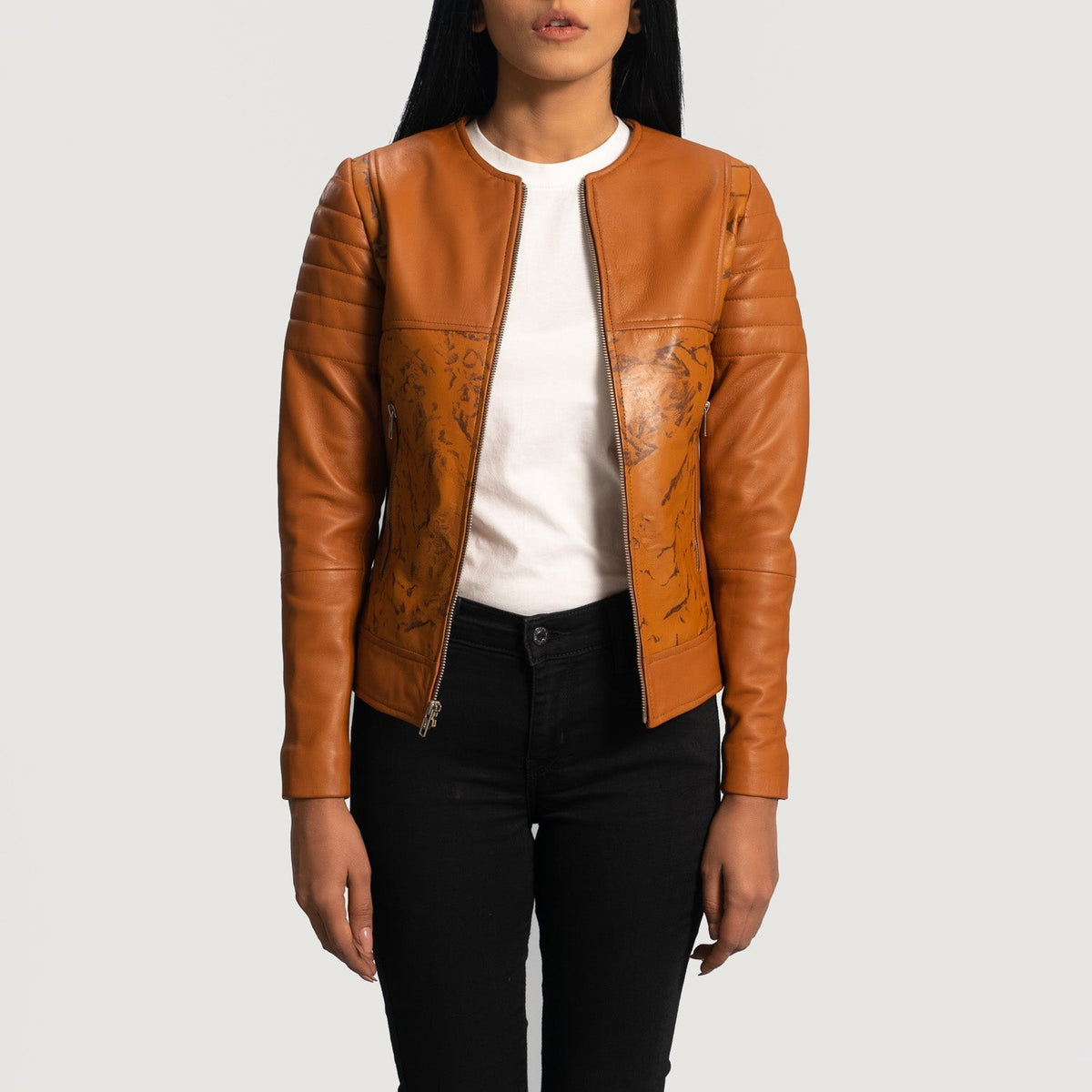 
Women's Sandy Tan Dye Leather Biker Jacket - Lateral Side Profile View Showing Sleeve Cut & Athletic Taper Fit