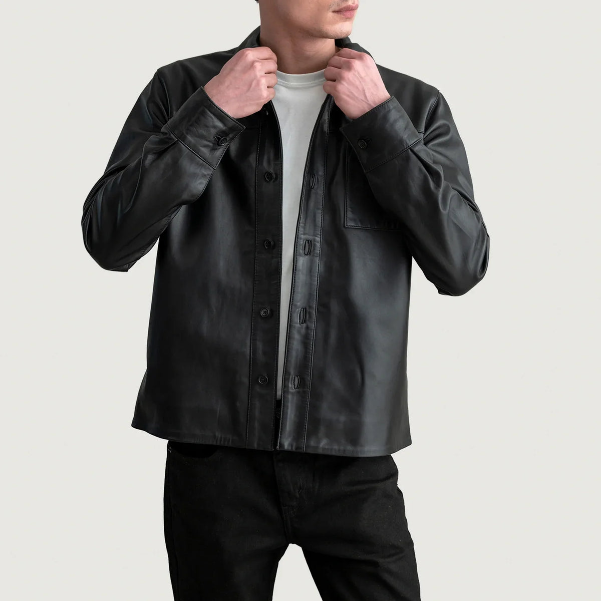
Scout Black Leather Shirt in Black Sheepskin Leather - Front Profile View & Tailored Silhouette | Buy Online