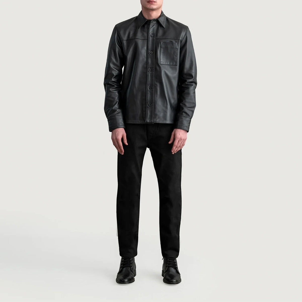 
Close-Up Detail of Shirt & Buttons Hardware on Scout Black Leather Shirt