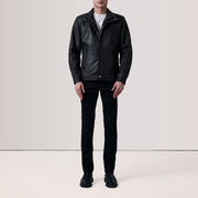 
Distressed Black Sheepskin Snuffed Biker Jacket - Back View Showing Tailored Shoulder Fit & Clean Hemline