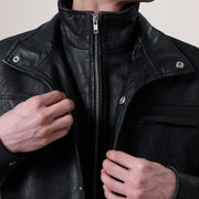 
Close-Up Detail of Shirt & Zipper Hardware on Sean Black Snuffed Classic Jacket For Men