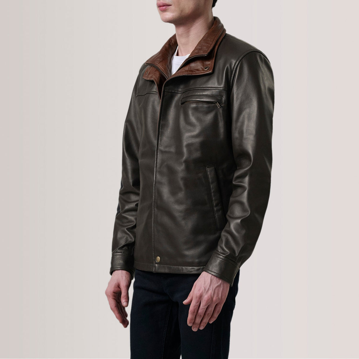 
Sean Brown Leather Classic Jacket For Men - Lateral Side Profile View Showing Sleeve Cut & Athletic Taper Fit