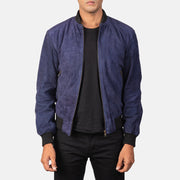 
Men's Shane Navy Blue Suede Bomber Jacket in Blue Goatskin Suede - Front Profile View & Tailored Silhouette | Buy Online