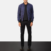 
Men's Shane Navy Blue Suede Bomber Jacket - Lateral Side Profile View Showing Sleeve Cut & Athletic Taper Fit