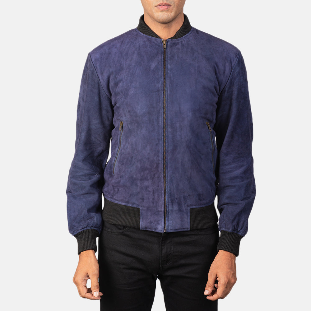 
Close-Up Detail of Varsity & Zipper Hardware on Men's Shane Navy Blue Suede Bomber Jacket