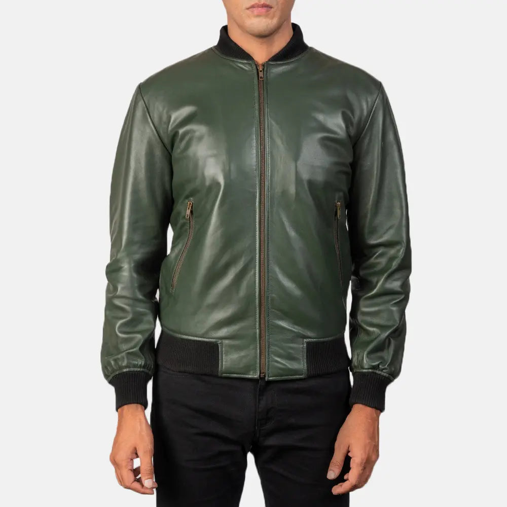 
Men's Shane Army Green Leather Bomber Jacket - Lateral Side Profile View Showing Sleeve Cut & Athletic Taper Fit