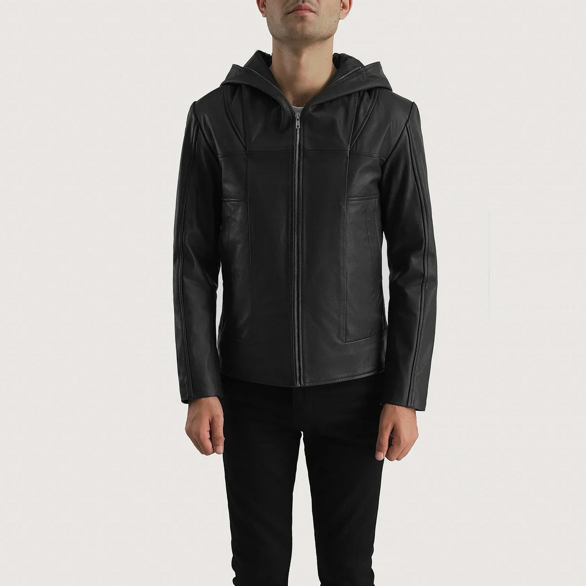 
Black Goatskin Leather Hooded Jacket - Back View Showing Tailored Shoulder Fit & Clean Hemline