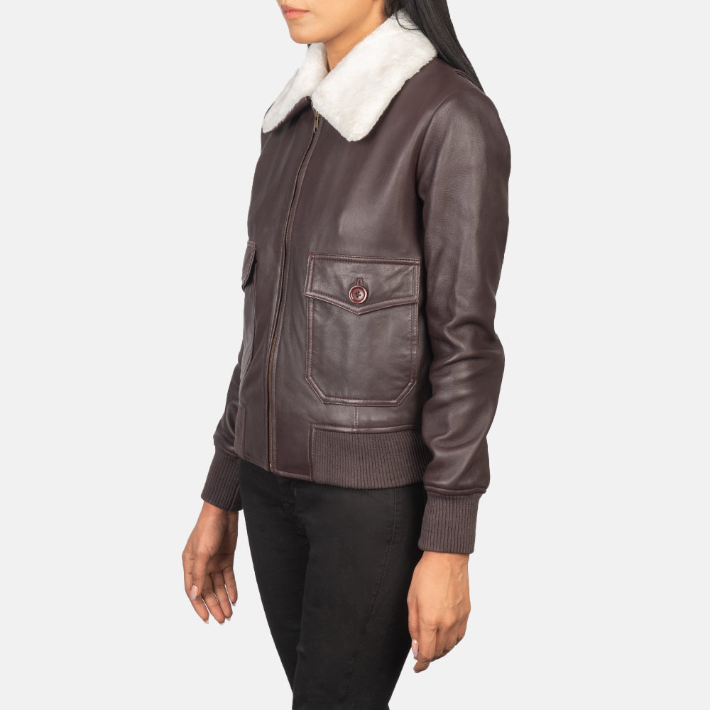 
Maroon Sheepskin Leather Bomber Jacket - Back View Showing Tailored Shoulder Fit & Clean Hemline