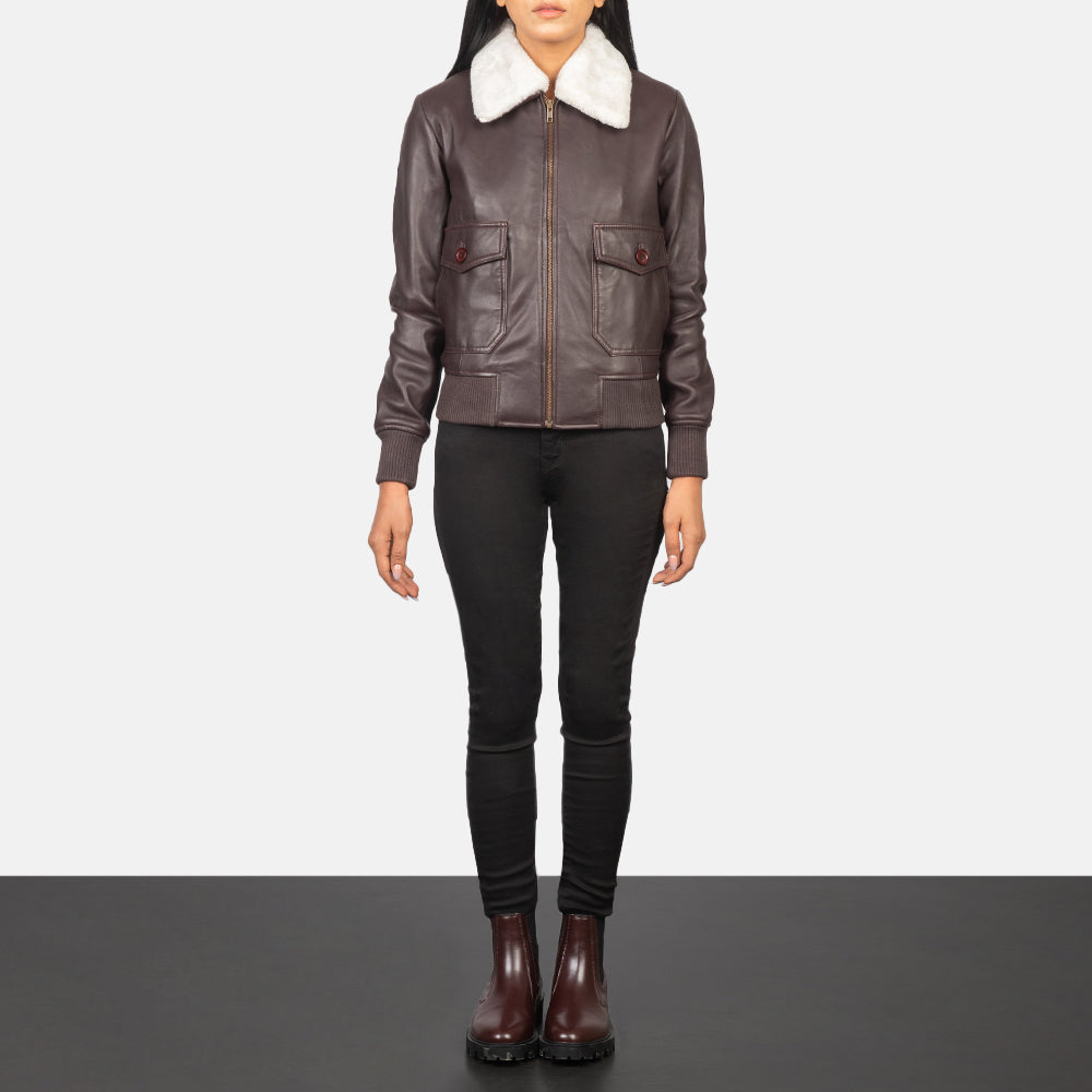 
Women's Stella G-1 Maroon Leather Bomber Jacket - Lateral Side Profile View Showing Sleeve Cut & Athletic Taper Fit
