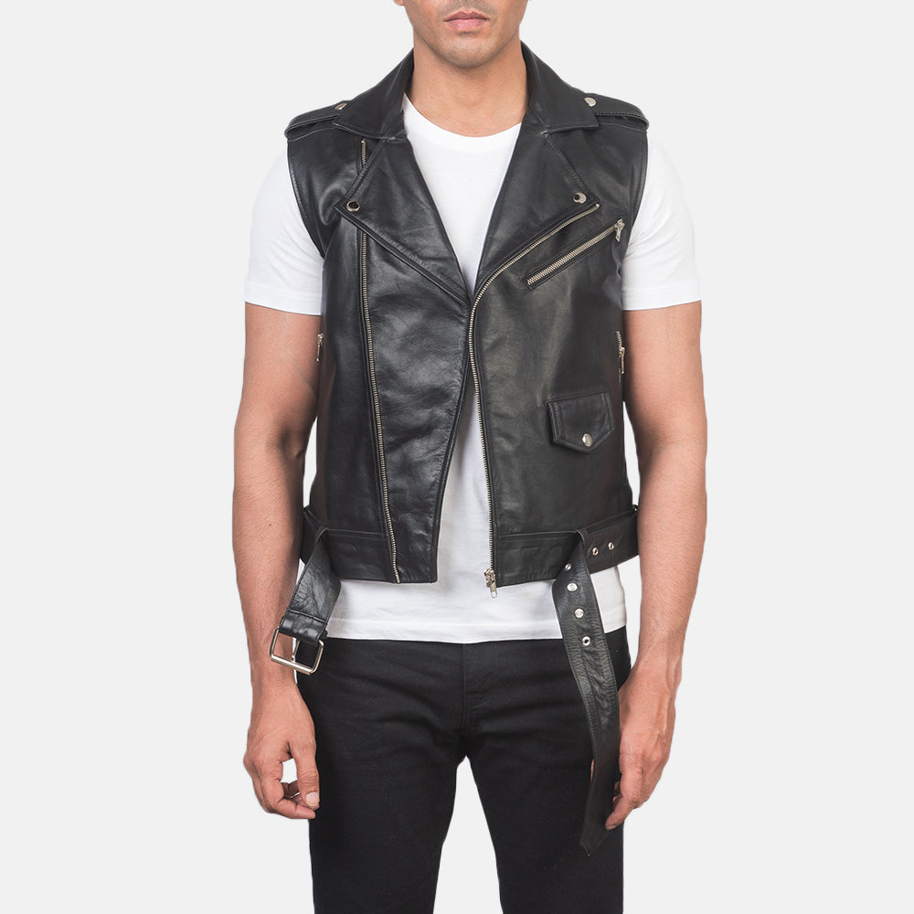 
Men's Sullivan Black Leather Biker Vest in Black Cowhide Leather - Front Profile View & Tailored Silhouette | Buy Online