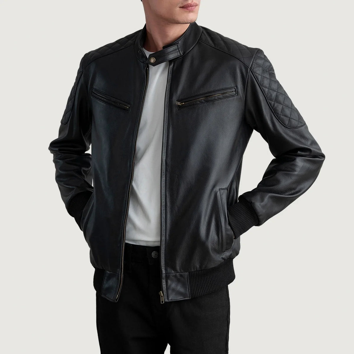 
Men's Sven Mocha Suede Bomber Jacket - Lateral Side Profile View Showing Sleeve Cut & Athletic Taper Fit