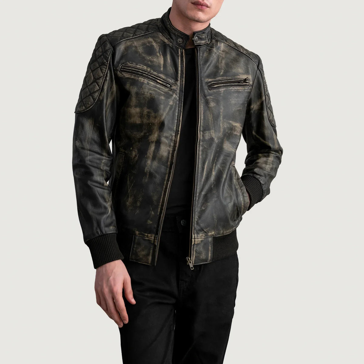 
Rib Knit & Hem Craftsmanship Construction Detail on Men's Sven Mocha Suede Bomber Jacket