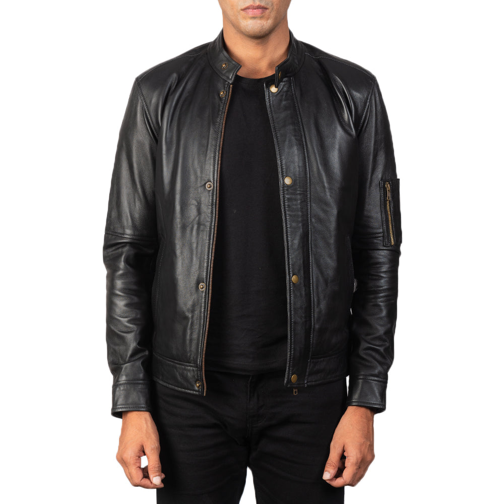 
Men's Tea House Black Leather Biker Jacket in Black Sheepskin Leather - Front Profile View & Tailored Silhouette | Buy Online