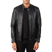 
Men's Tea House Black Leather Biker Jacket in Black Sheepskin Leather - Front Profile View & Tailored Silhouette | Buy Online