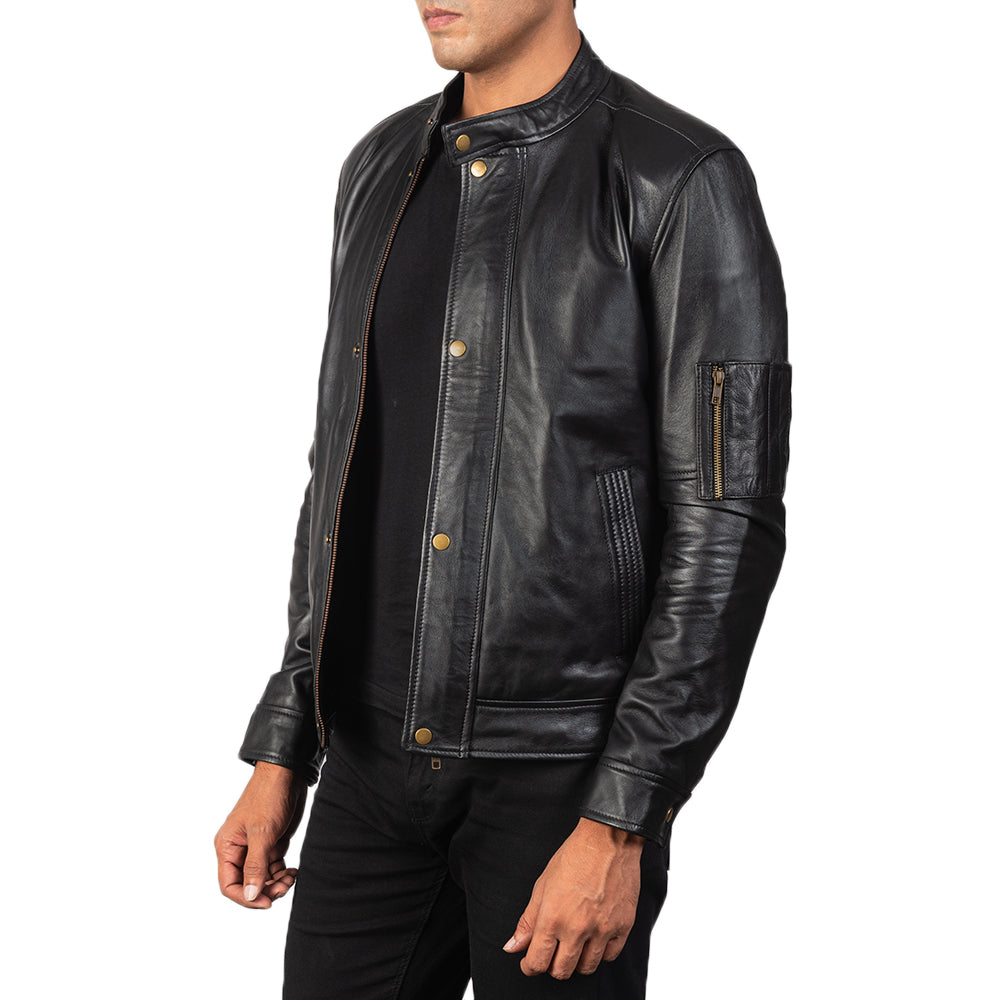 
Black Sheepskin Leather Biker Jacket - Back View Showing Tailored Shoulder Fit & Clean Hemline