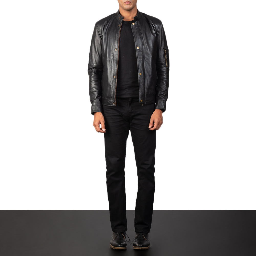 
Close-Up Detail of Band with snap button & Zipper Hardware on Men's Tea House Black Leather Biker Jacket