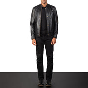 
Close-Up Detail of Band with snap button & Zipper Hardware on Men's Tea House Black Leather Biker Jacket