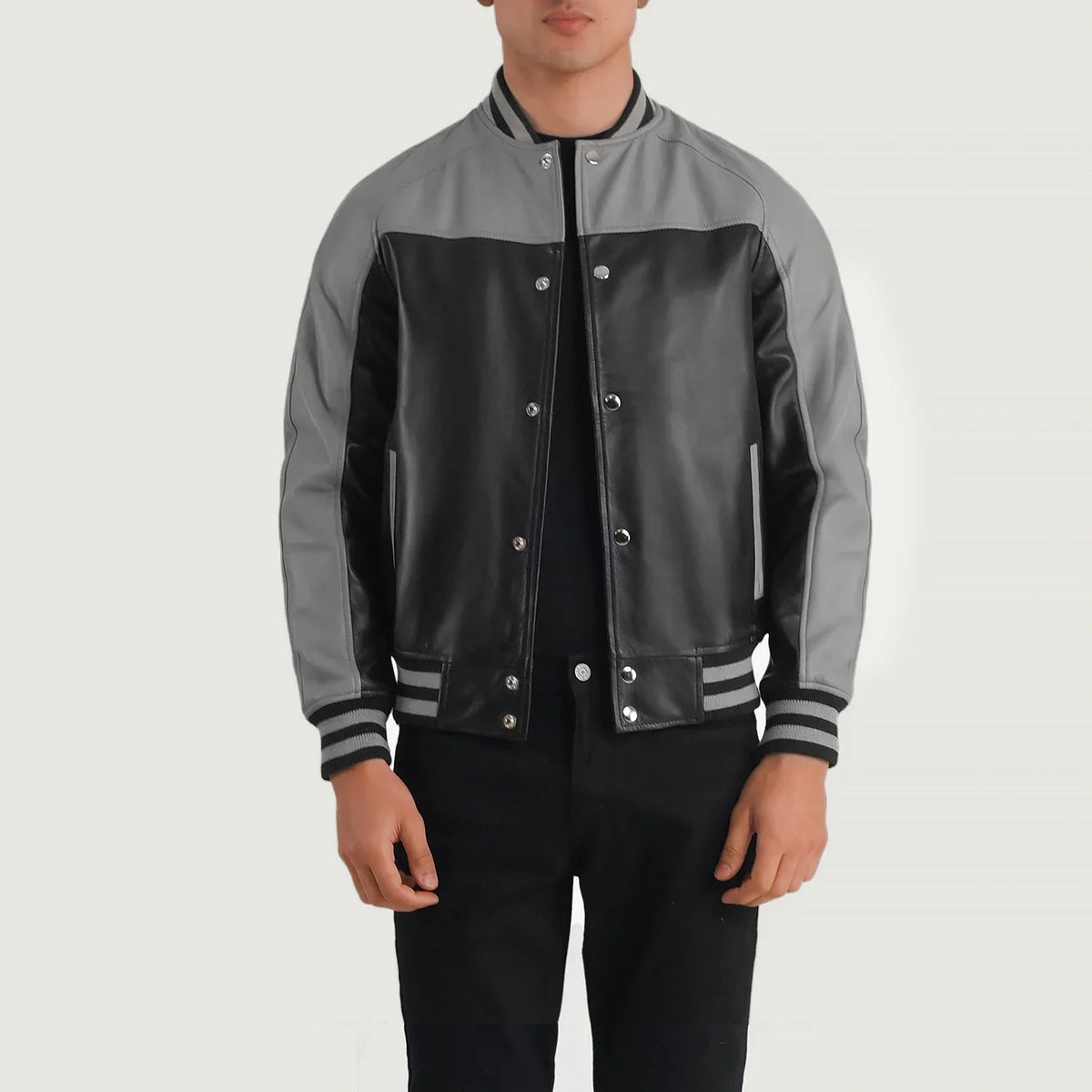 
Terrance Black & Red Leather Varsity Jacket in Black & Red Sheepskin Leather - Front Profile View & Tailored Silhouette | Buy Online