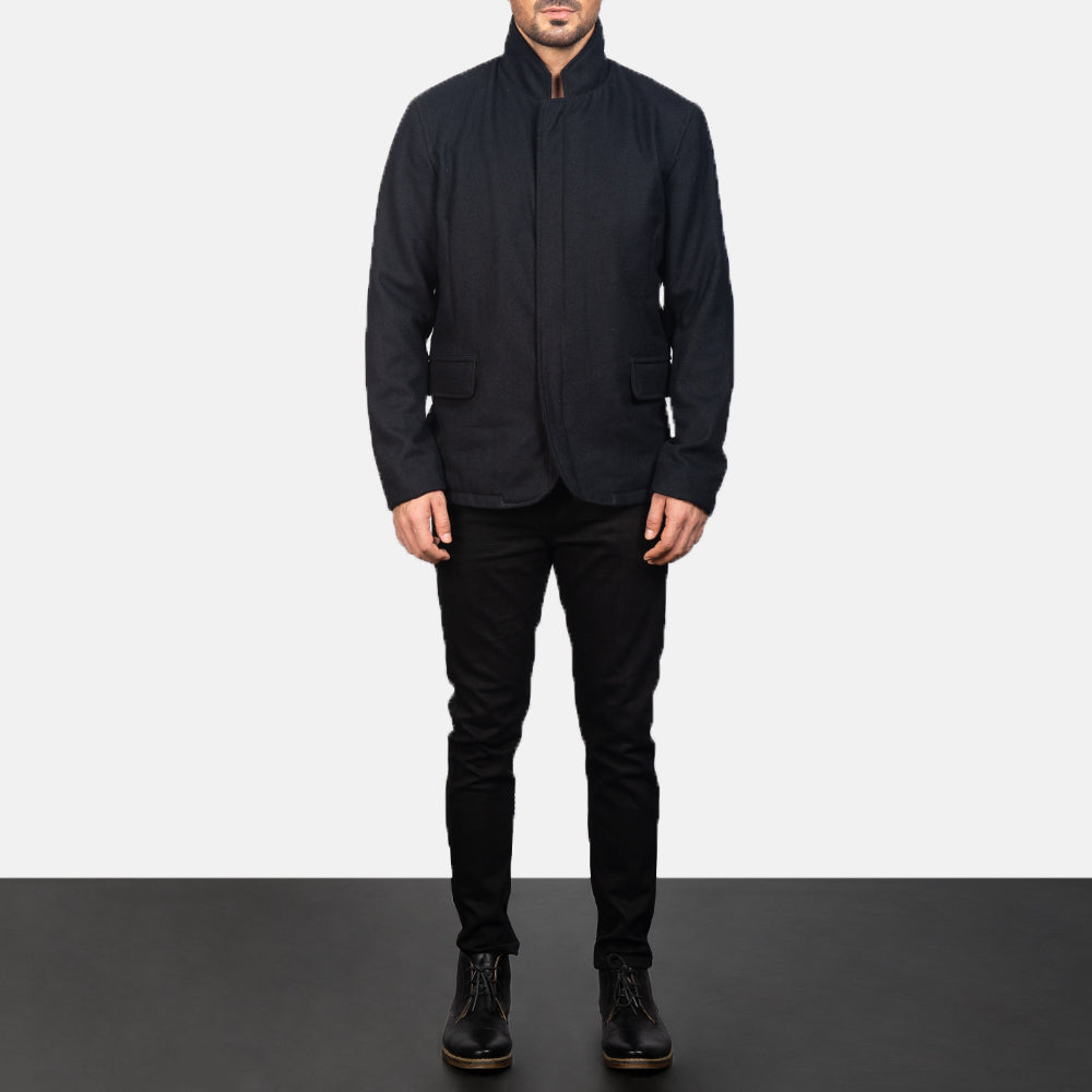 
Men's Thomas Black Wool Jacket - Lateral Side Profile View Showing Sleeve Cut & Athletic Taper Fit