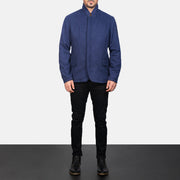 
Men's Thomas Blue Wool Jacket - Lateral Side Profile View Showing Sleeve Cut & Athletic Taper Fit