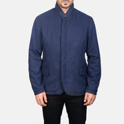 
Close-Up Detail of Nehru & Zipper with Dual Puller Hardware on Men's Thomas Blue Wool Jacket