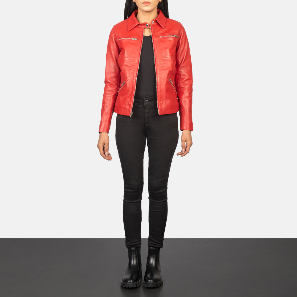 
Women's Tomachi Red Leather Jacket - Lateral Side Profile View Showing Sleeve Cut & Athletic Taper Fit