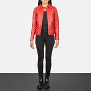 
Women's Tomachi Red Leather Jacket - Lateral Side Profile View Showing Sleeve Cut & Athletic Taper Fit