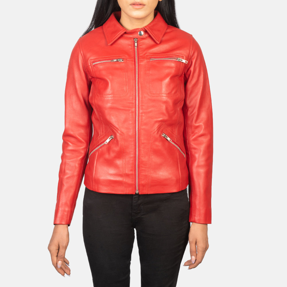 
Close-Up Detail of Shirt with Snap Button & Zipper Hardware on Women's Tomachi Red Leather Jacket