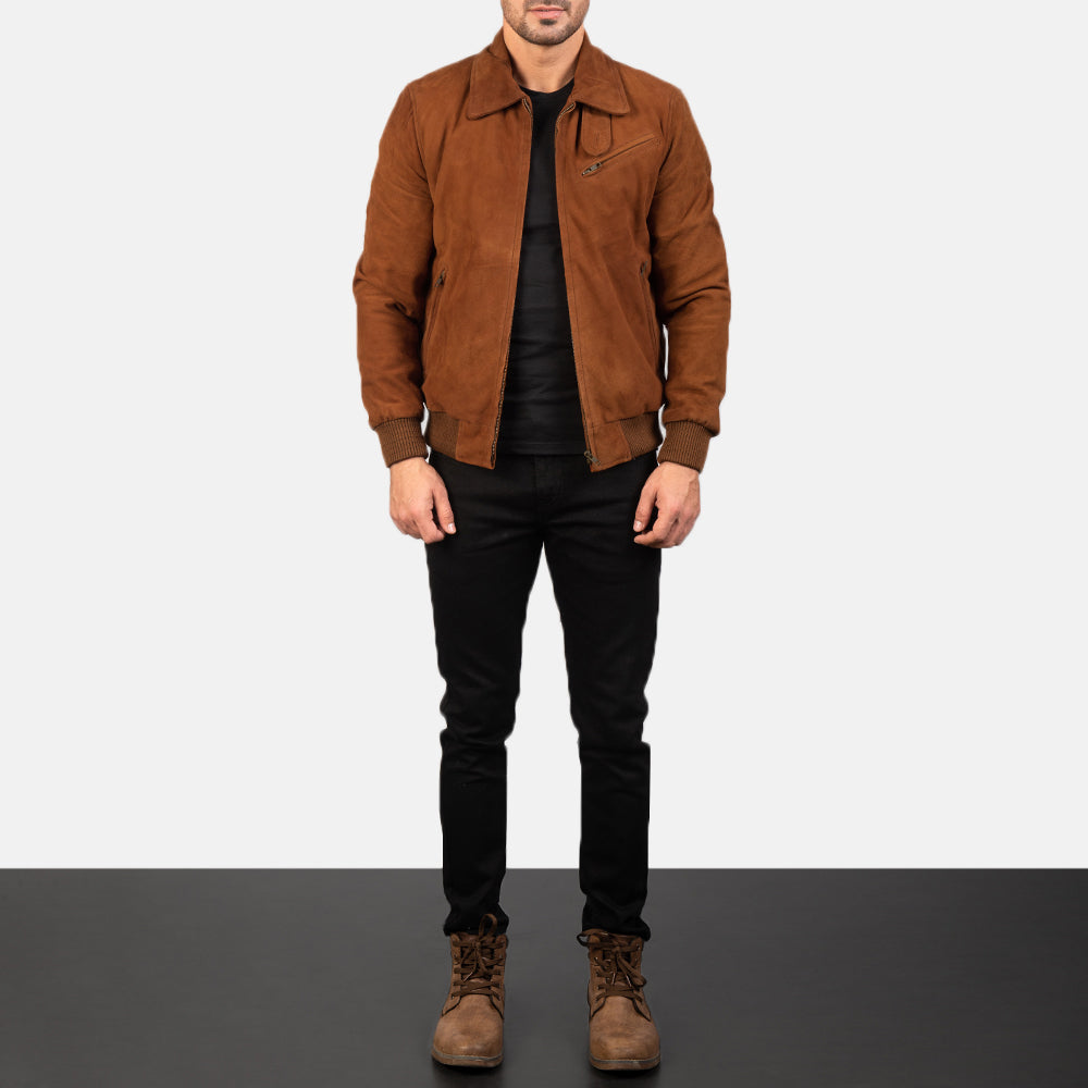 
Men's Tomchi Tan Suede Leather Jacket - Lateral Side Profile View Showing Sleeve Cut & Athletic Taper Fit