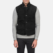 
Close-Up Detail of Notch with removable throat latch & Button Hardware on Men's Tony Black Suede Vest