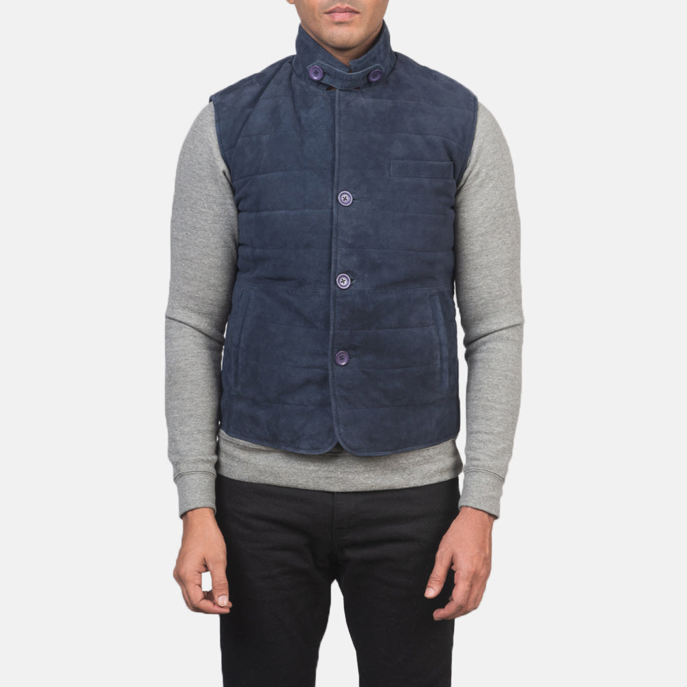 
Close-Up Detail of Notch with removable throat latch & Button Hardware on Men's Tony Blue Suede Vest