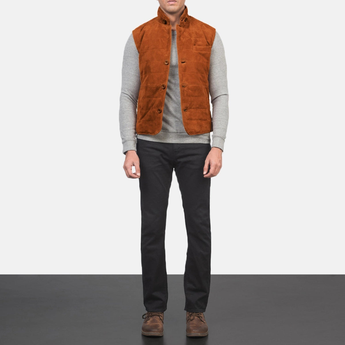 
Men's Tony Brown Suede Vest - Lateral Side Profile View Showing Sleeve Cut & Athletic Taper Fit
