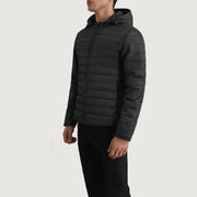 
Black Full-Grain Leather Hooded Jacket - Back View Showing Tailored Shoulder Fit & Clean Hemline