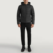 
Tyler Black Hooded Puffer Jacket - Lateral Side Profile View Showing Sleeve Cut & Athletic Taper Fit