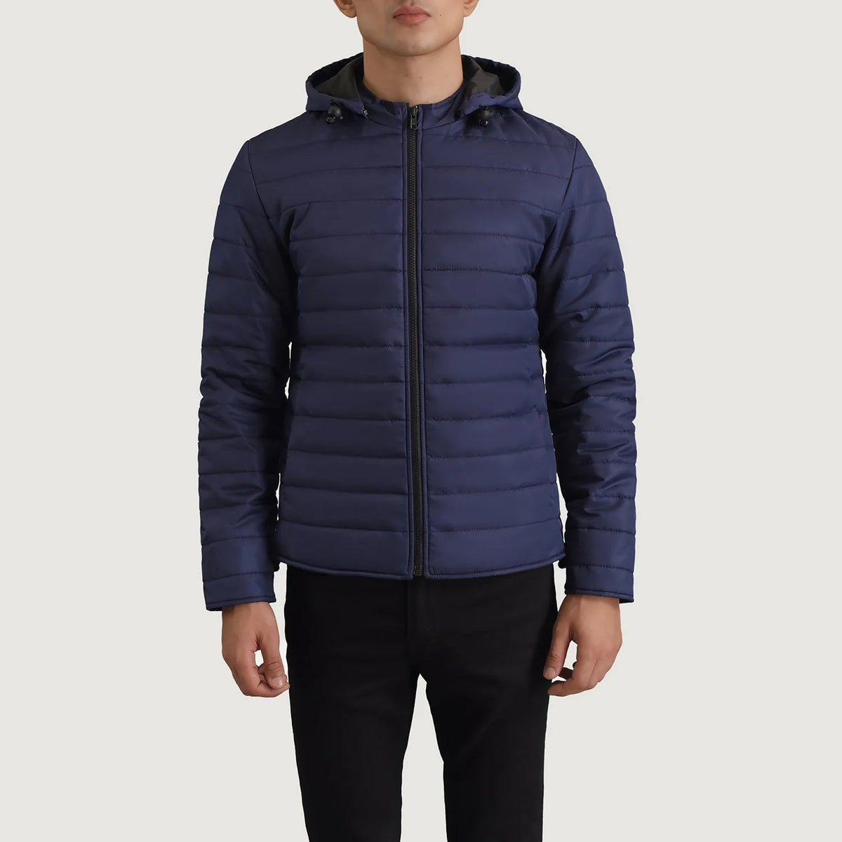 
Close-Up Detail of Classic Collar & Zipper Hardware on Tyler Blue Hooded Puffer Jacket