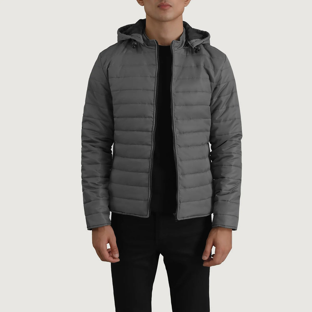 
Tyler Grey Hooded Puffer Jacket in Grey Full-Grain Leather - Front Profile View & Tailored Silhouette | Buy Online