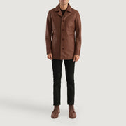 
Urban Slate Brown Leather Coat - Lateral Side Profile View Showing Sleeve Cut & Athletic Taper Fit