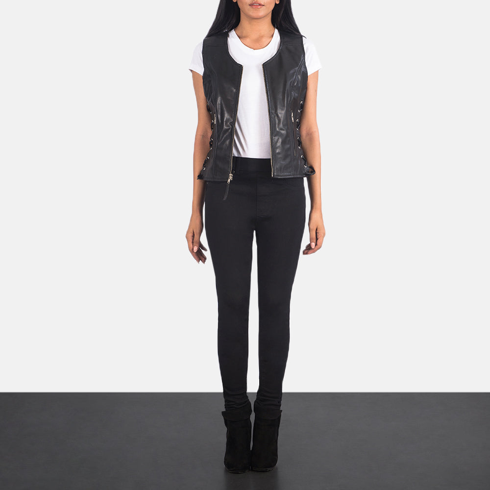 
Women's Vanda Black Leather Biker Vest - Lateral Side Profile View Showing Sleeve Cut & Athletic Taper Fit