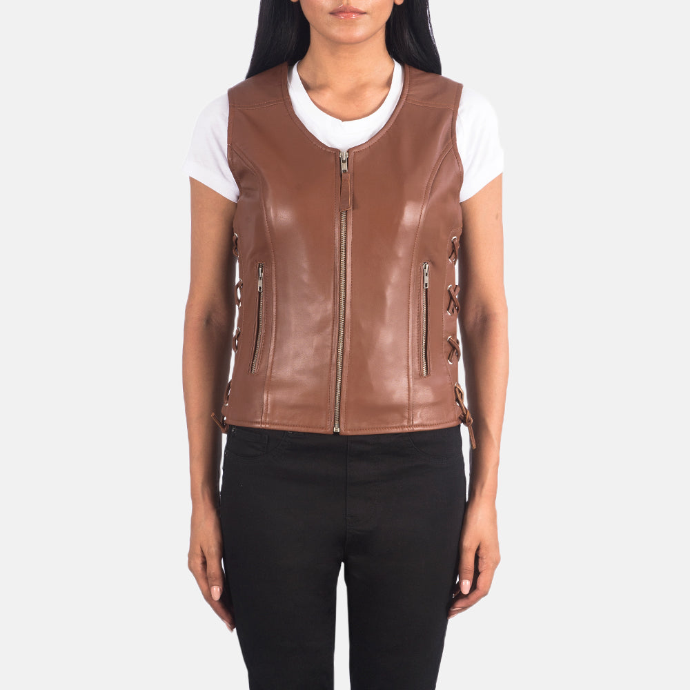 
Women's Vanda Brown Leather Biker Vest in Brown Sheepskin Leather - Front Profile View & Tailored Silhouette | Buy Online