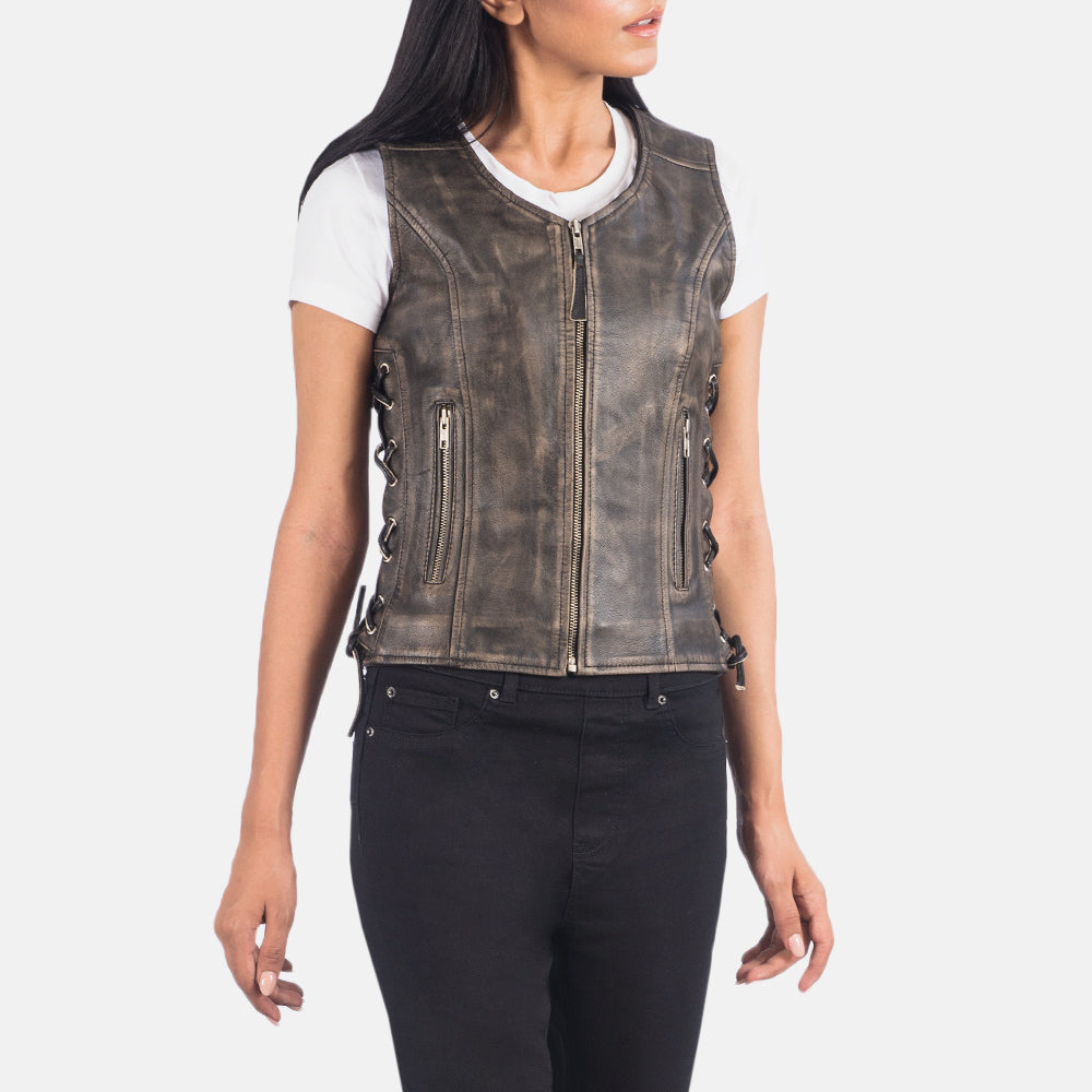 
Distressed Brown Goatskin Leather Biker Jacket - Back View Showing Tailored Shoulder Fit & Clean Hemline