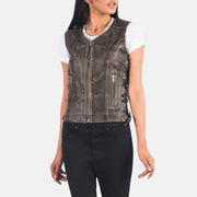 
Close-Up Detail of V-neck & Zipper Hardware on Women's Vanda Distressed Brown Leather Biker Vest